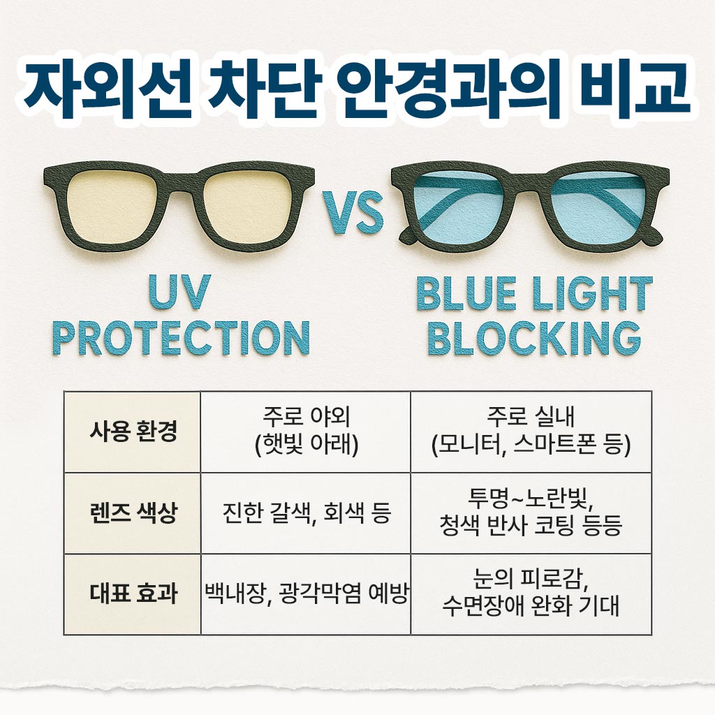 블루라이트 차단 안경 자외선 차단 안경과의 비교 인포그래픽